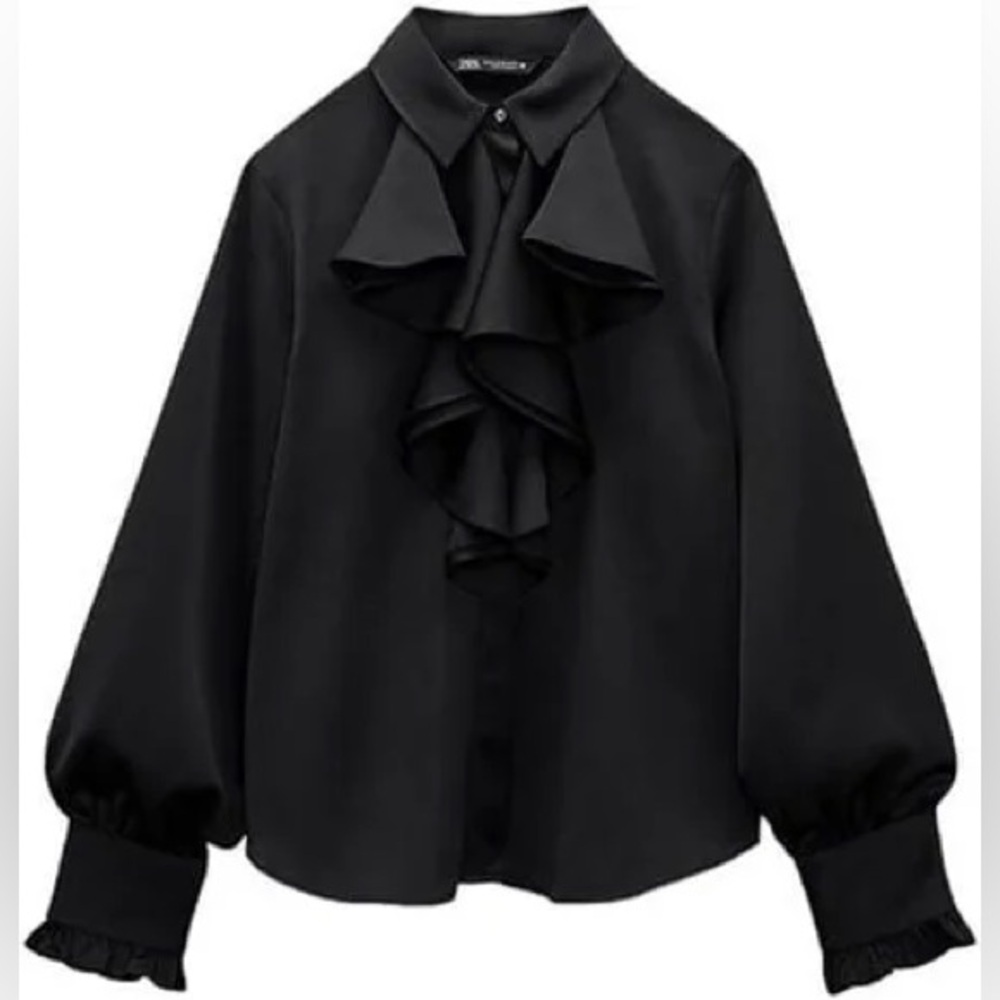 ZARA Ruflle Neck Trim Satin Blouse